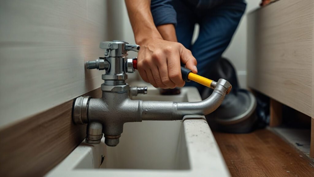 A plumber tightening a pipe for improved security.