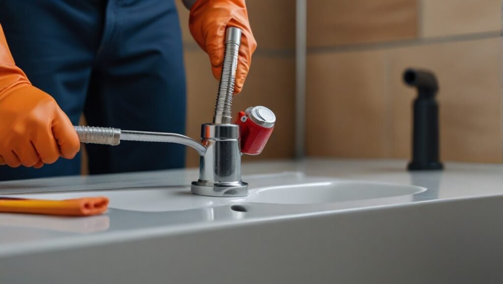 Plumber using a wrench to tighten a pipe.