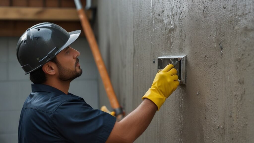 A technician applying waterproofing sealant to a foundation.