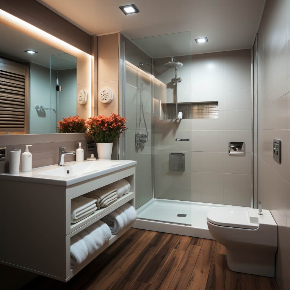 A compact bathroom adorned with modern minimalist decor.